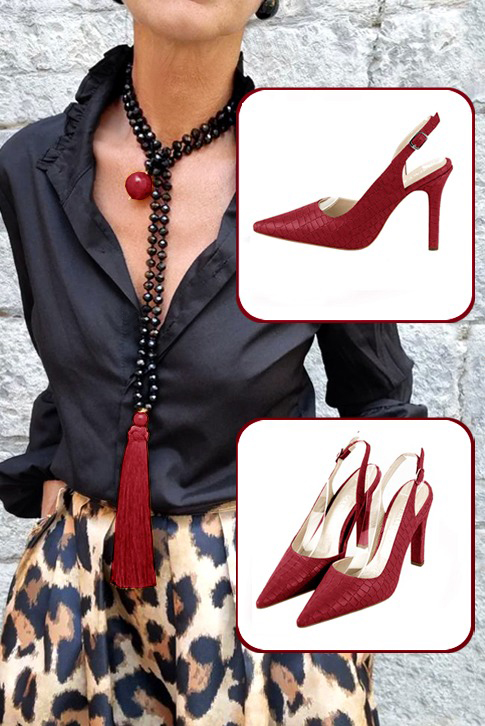Women's cardinal red elegant slingback heels. Pointed toe. High slim heel - Worn view